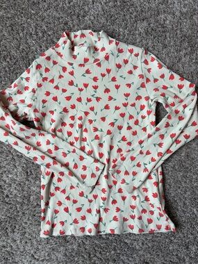 Bobo Choses Cream Mock Neck Top with Red Tulip Motif